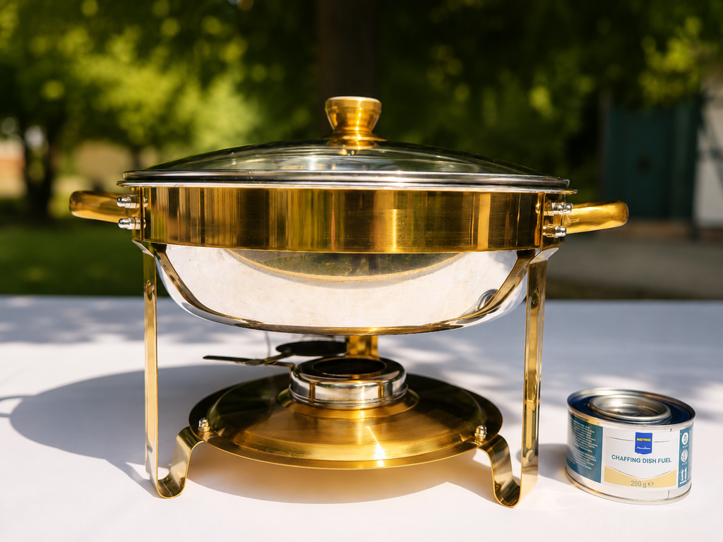 Runder Chafing Dish mit etwa 5 Litern Fassungsvermögen und Glasdeckel, daneben Beispiel Brennpaste