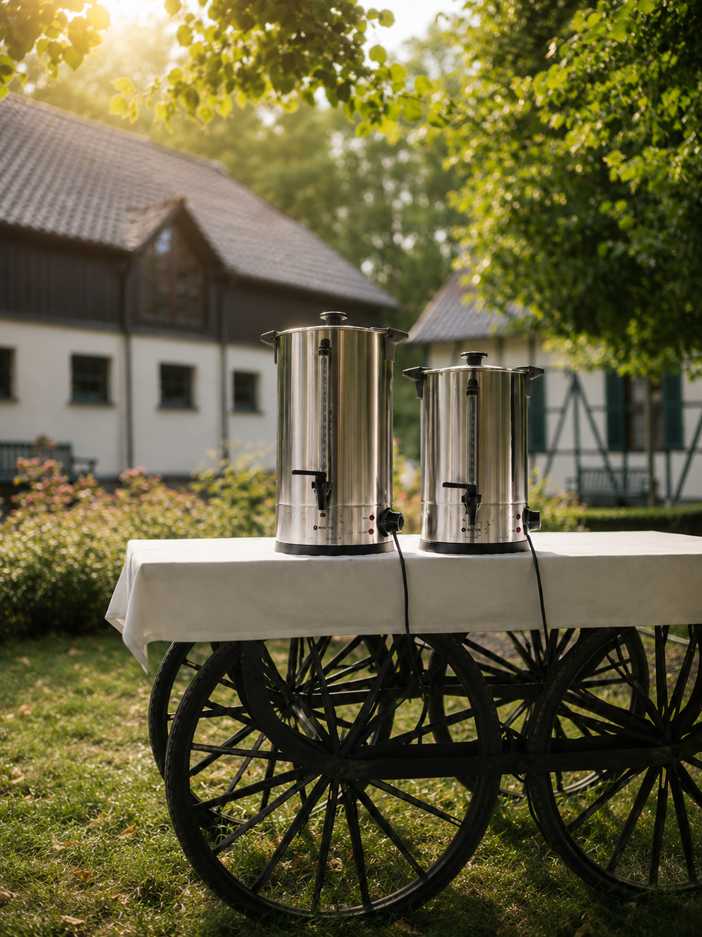 Zwei elektrische Heißgetränkespender von METRO Professional auf einem Servierwagen im Freien (links 10 Liter, rechts 6 Liter)