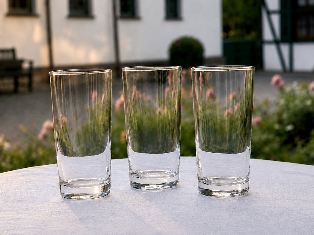Mehrere klare Trinkgläser mit 40 cl Fassungsvermögen für festlich gedeckte Tische