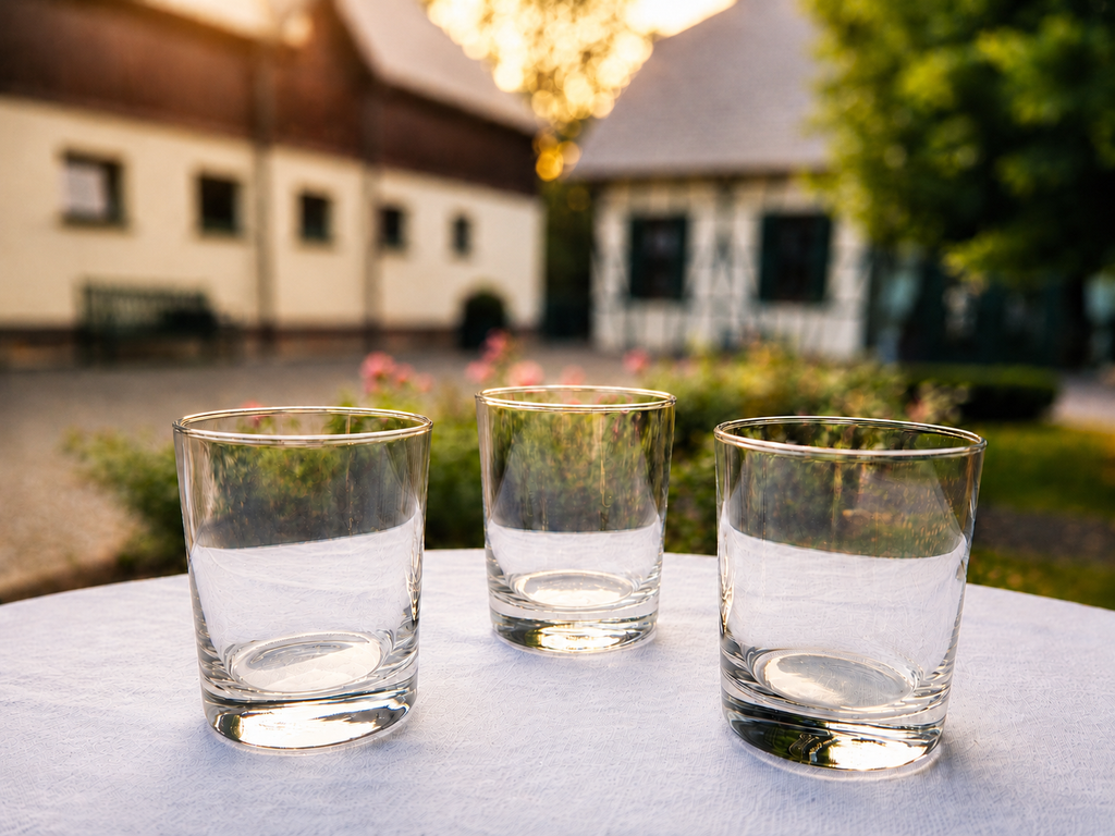 Mehrere klare Trinkgläser mit 23 cl für festlich gedeckte Tische