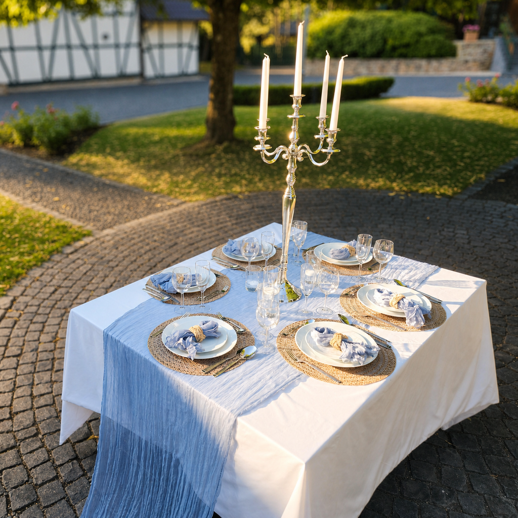 Festlich gedeckter Tisch mit dunstblauem Tischläufer, Stoffservietten, Jute-Platzsets und Serviettenringen